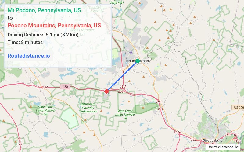 Route map from Mt Pocono to Pocono Mountains
