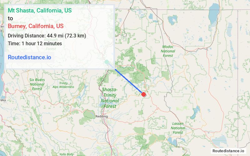 Route map from Mt Shasta to Burney