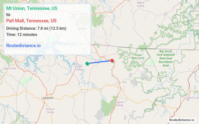 Route map from Mt Union to Pall Mall