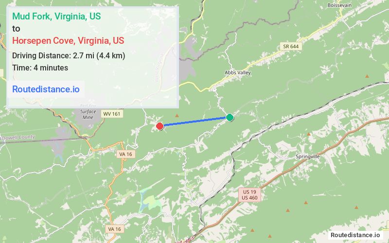 Route map from Mud Fork to Horsepen Cove