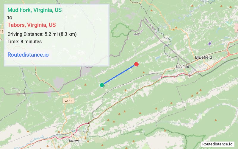 Distance from Mud Fork to Tabors