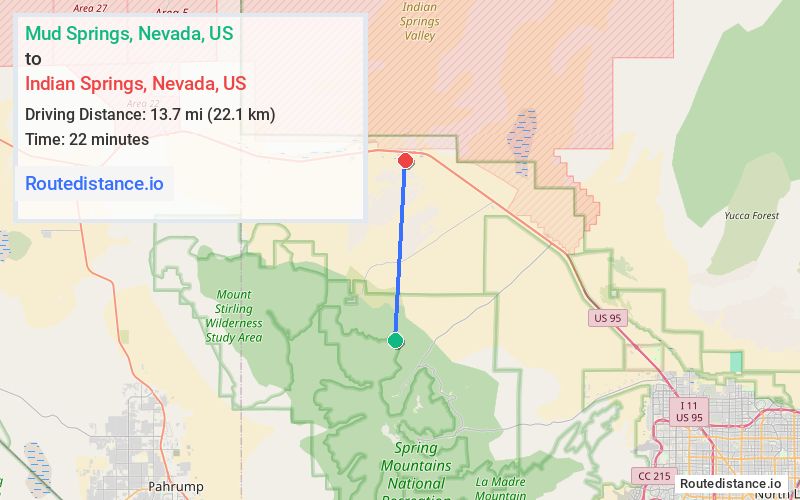 Route map from Mud Springs to Indian Springs