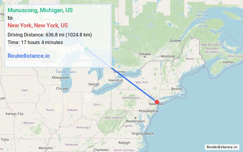 Route map from Munuscong to New York
