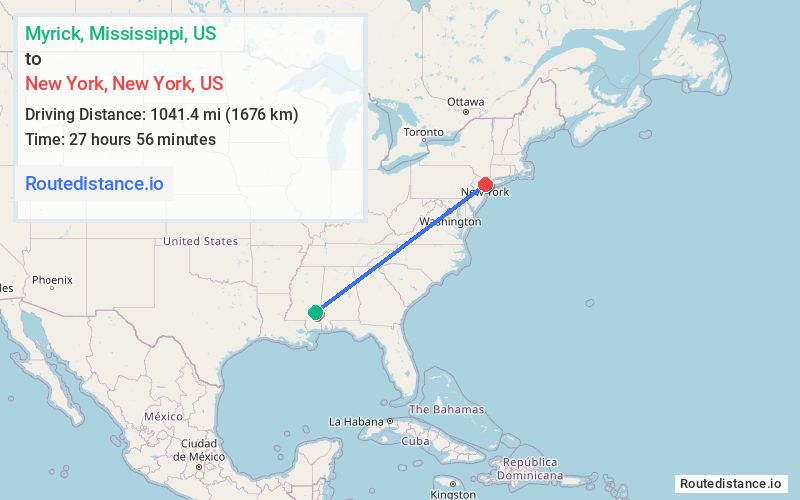 Route map from Myrick to New York