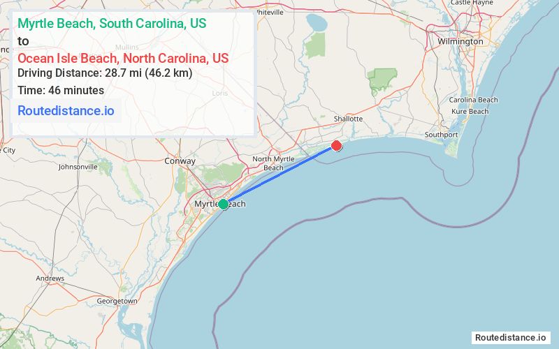 Route map from Myrtle Beach to Ocean Isle Beach