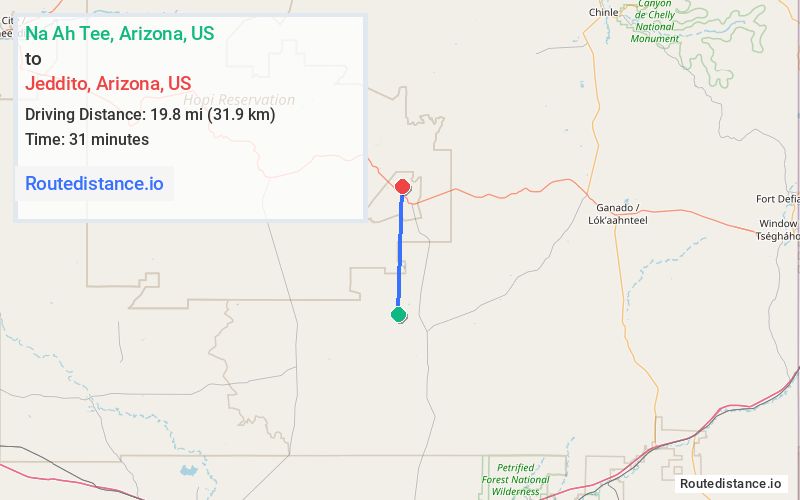 Route map from Na Ah Tee to Jeddito