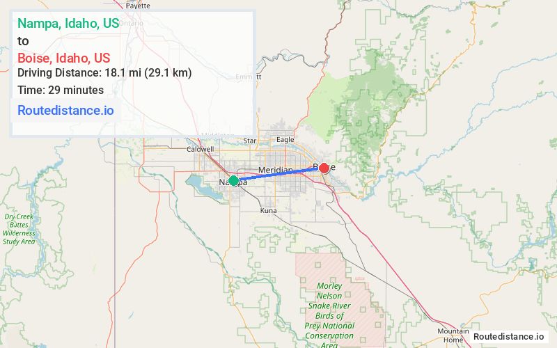 Route map from Nampa to Boise
