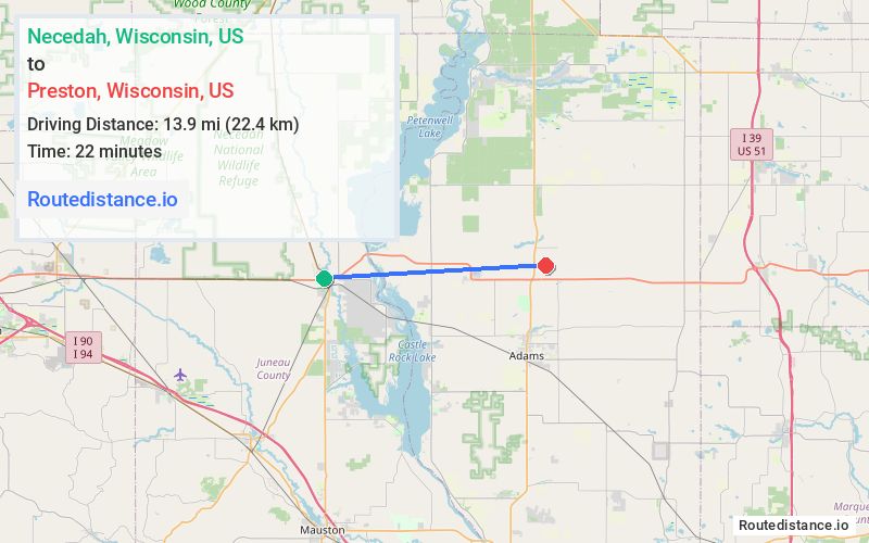 Route map from Necedah to Preston