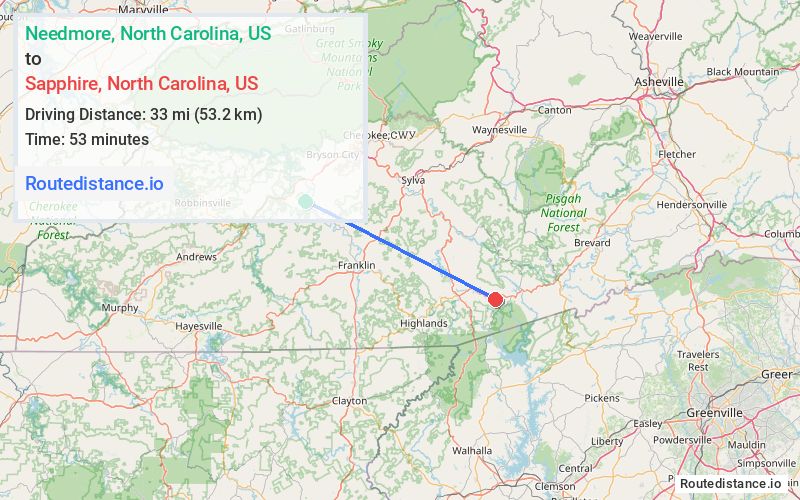 Route map from Needmore to Sapphire