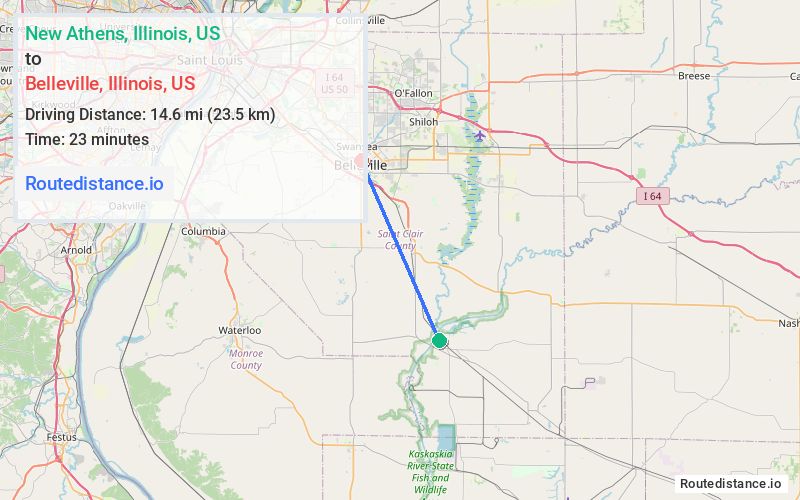 Route map from New Athens to Belleville
