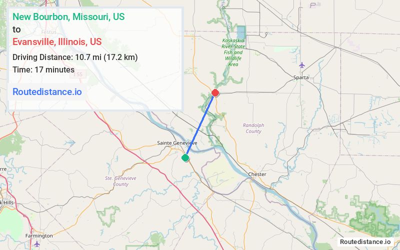 Route map from New Bourbon to Evansville
