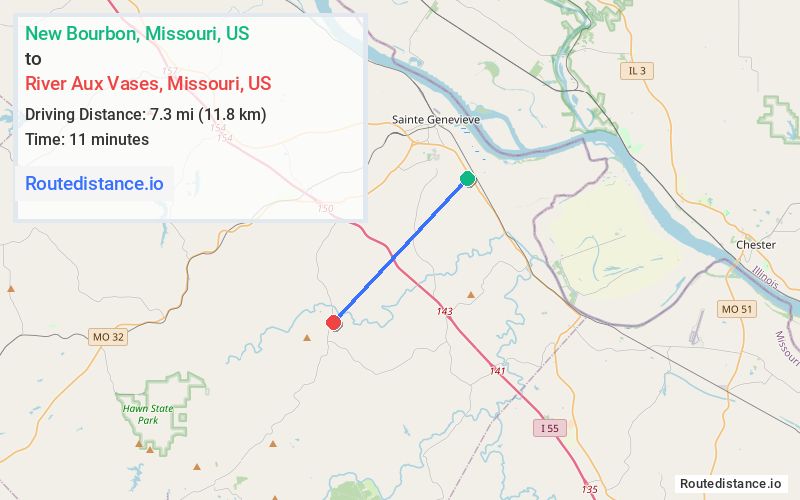 Route map from New Bourbon to River Aux Vases
