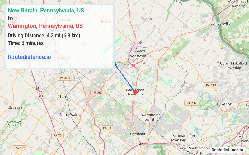 Route map from New Britain to Warrington