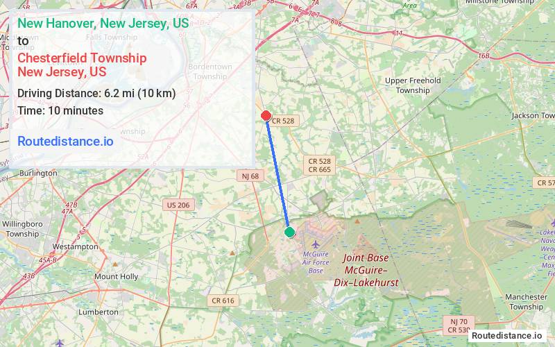 Route map from New Hanover to Chesterfield Township