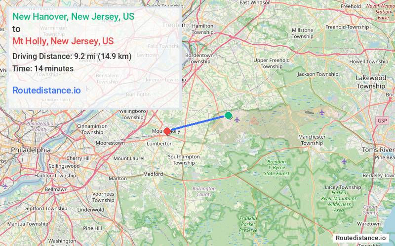 Route map from New Hanover to Mt Holly