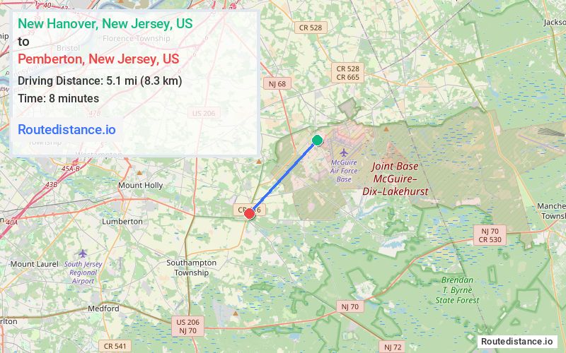 Route map from New Hanover to Pemberton