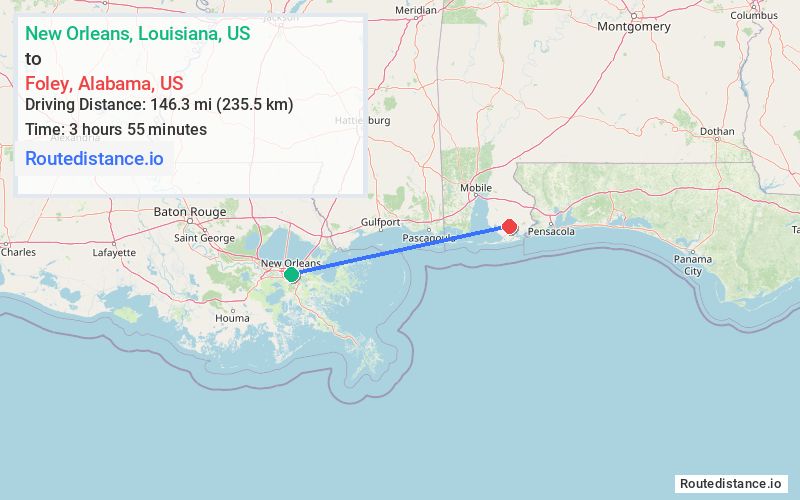 Route map from New Orleans to Foley
