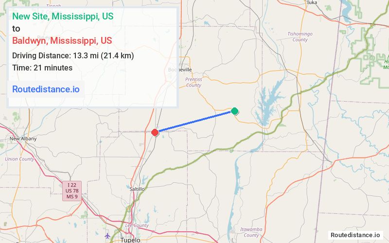 Route map from New Site to Baldwyn