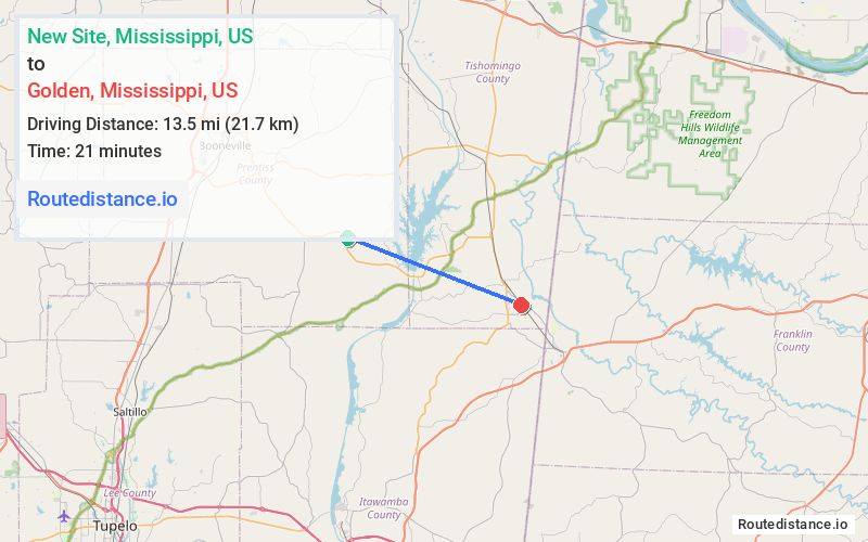 Route map from New Site to Golden