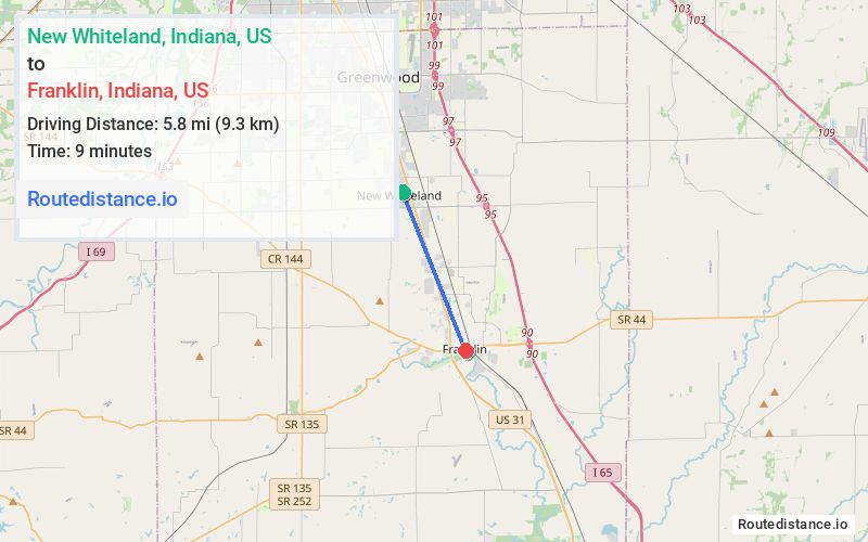 Route map from New Whiteland to Franklin