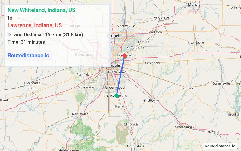 Route map from New Whiteland to Lawrence