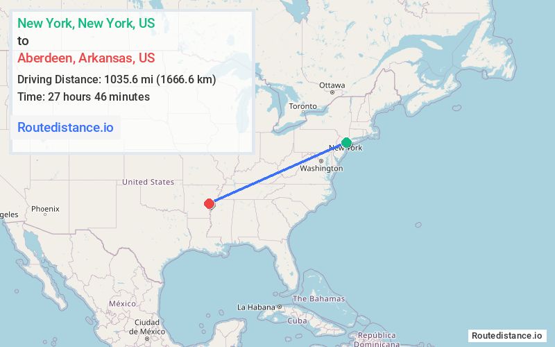 Route map from New York to Aberdeen