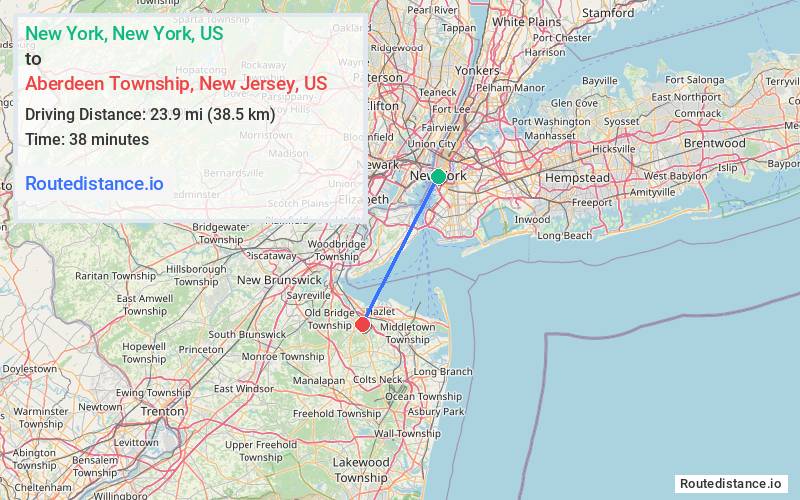 Route map from New York to Aberdeen Township