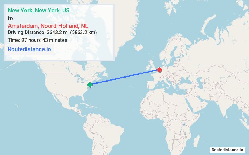 Route map from New York to Amsterdam