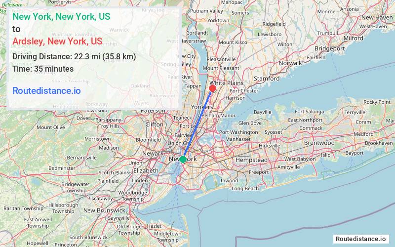 Route map from New York to Ardsley