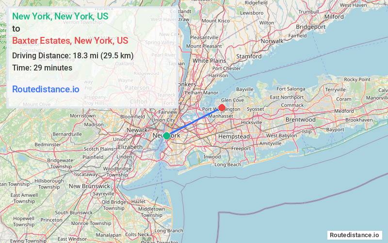 Route map from New York to Baxter Estates
