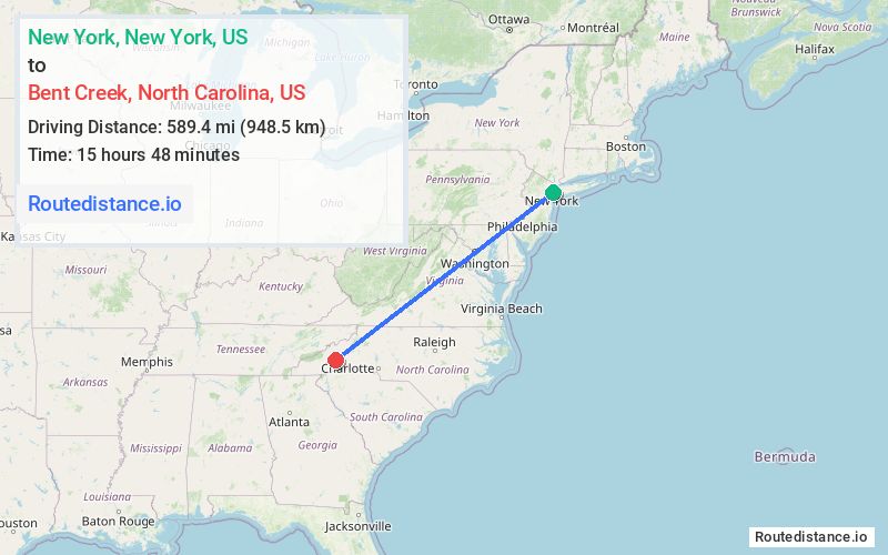 Route map from New York to Bent Creek