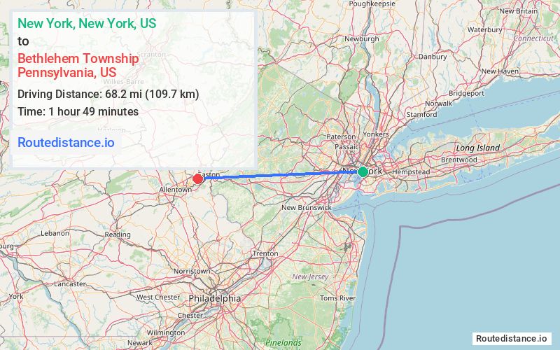 Route map from New York to Bethlehem Township