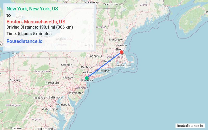 Route map from New York to Boston