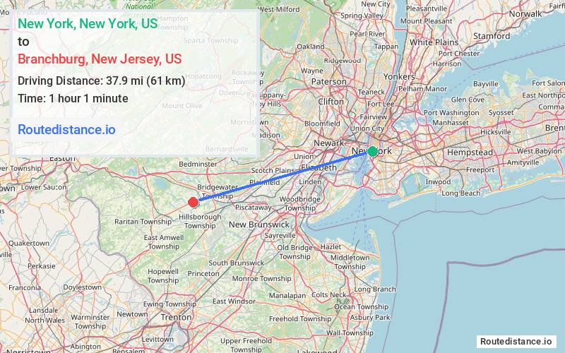 Route map from New York to Branchburg