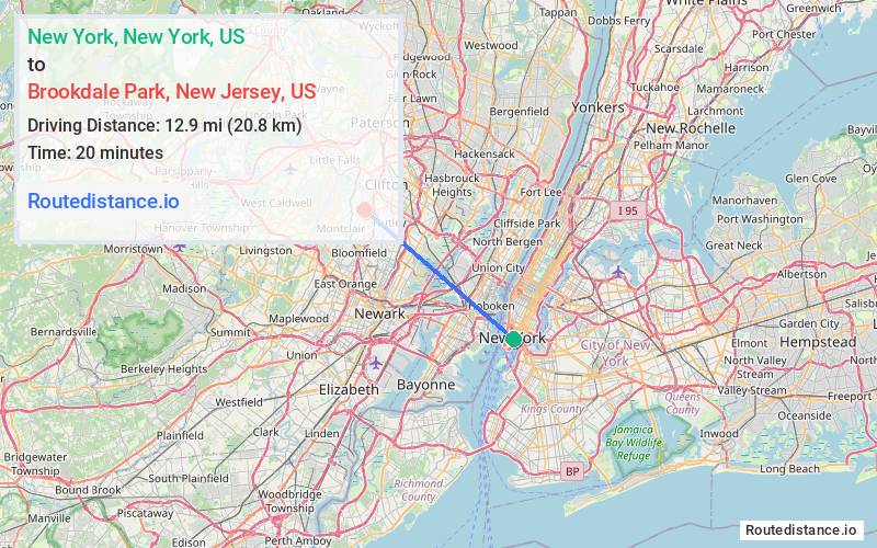 Route map from New York to Brookdale Park