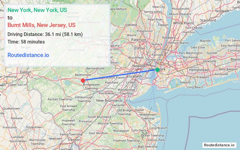 Route map from New York to Burnt Mills