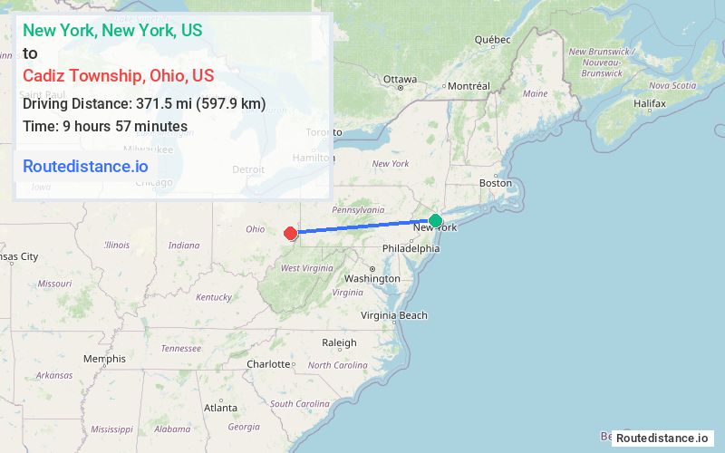 Route map from New York to Cadiz Township