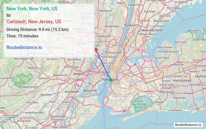 Route map from New York to Carlstadt