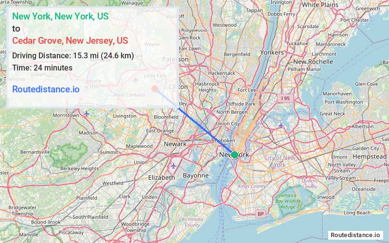 Distance from New York to Cedar Grove