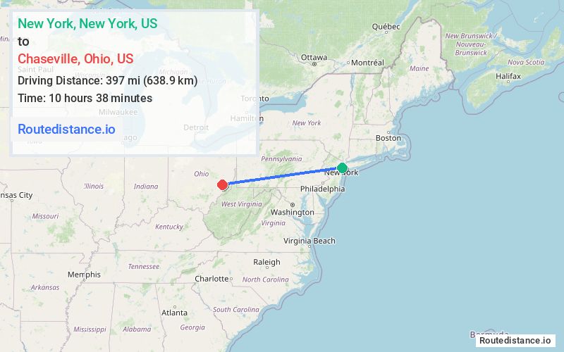 Route map from New York to Chaseville