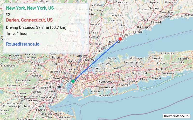Route map from New York to Darien