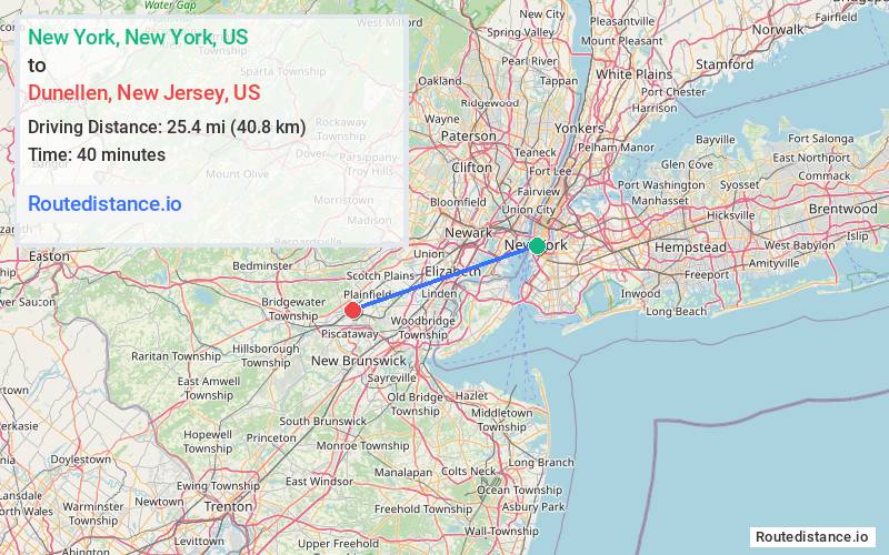 Route map from New York to Dunellen