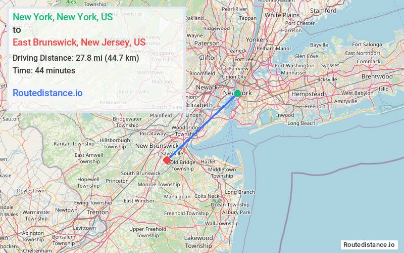 Route map from New York to East Brunswick