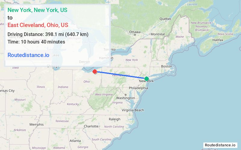Route map from New York to East Cleveland