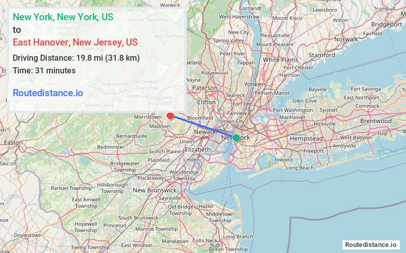 Route map from New York to East Hanover