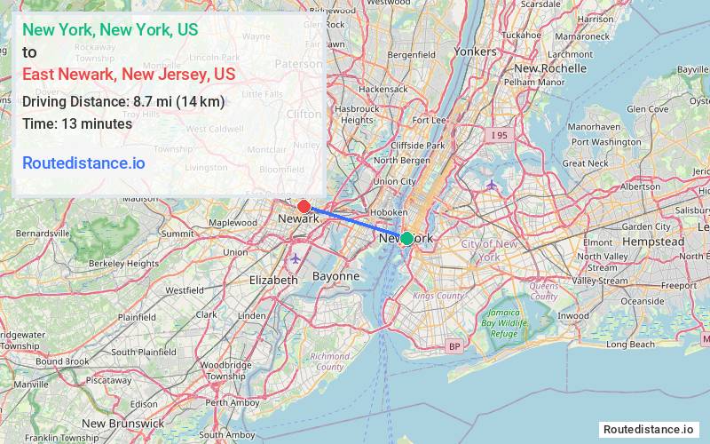 Route map from New York to East Newark