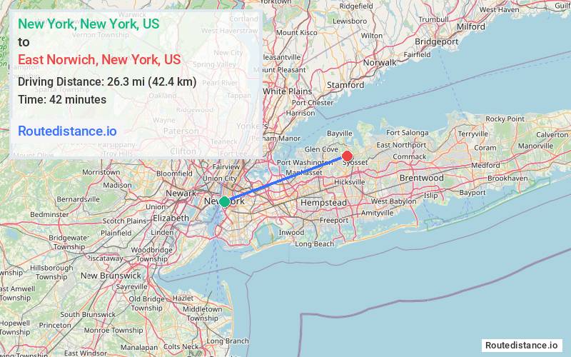 Route map from New York to East Norwich