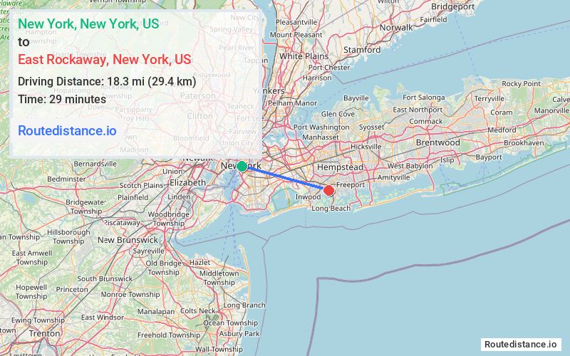 Route map from New York to East Rockaway