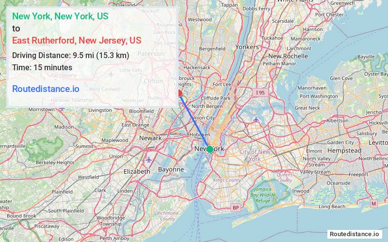 Route map from New York to East Rutherford
