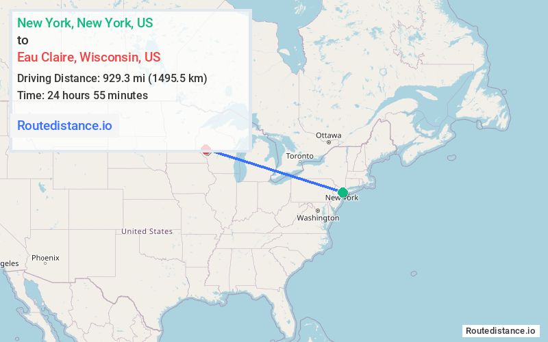Route map from New York to Eau Claire